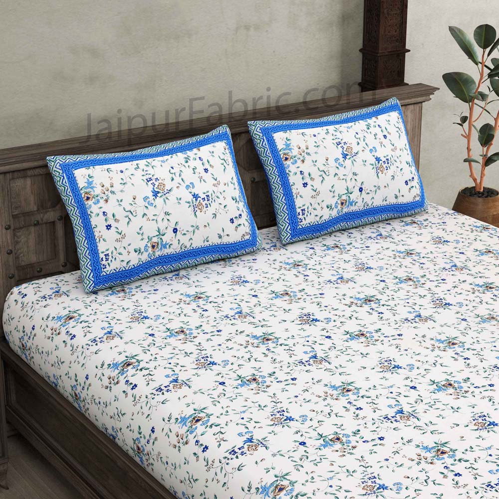 Pure Cotton 240 TC Double bedsheet in blue seamless floral print