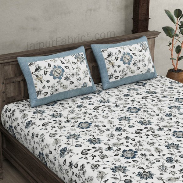 Pure Cotton 240 TC Double bedsheet in blueish floral pattern