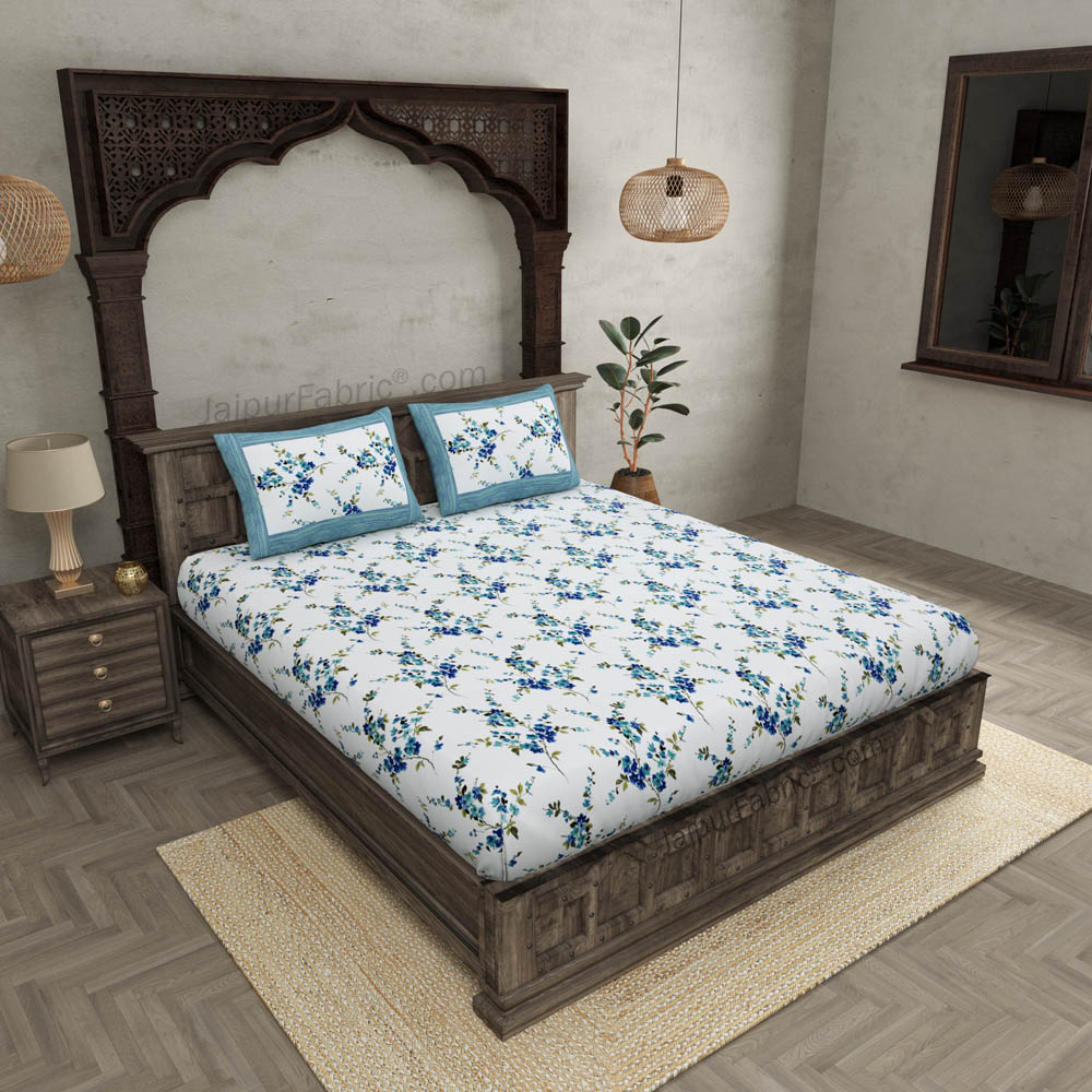 Pure Cotton 240 TC Double bedsheet in blue motif floral print