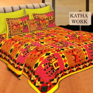 Yellow Jaisalmer Handmade Embroidery with katha Thread Work Elephant Print Double Bed Sheet with Two Pillow Covers