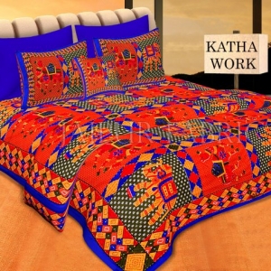 Blue Border Jaisalmer Handmade Embroidery with katha Thread Work Elephant Print Double Bed Sheet with Two Pillow Covers