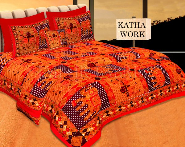 Red Jaisalmer Handmade Embroidery with katha Thread Work Elephant Print Double Bed Sheet with Two Pillow Covers