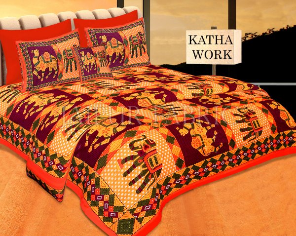 Orange Jaisalmer Handmade Embroidery with katha Thread Work Elephant Print Double Bed Sheet with Two Pillow Covers