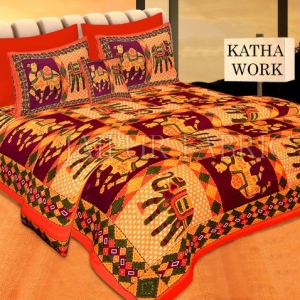 Orange Jaisalmer Handmade Embroidery with katha Thread Work Elephant Print Double Bed Sheet with Two Pillow Covers