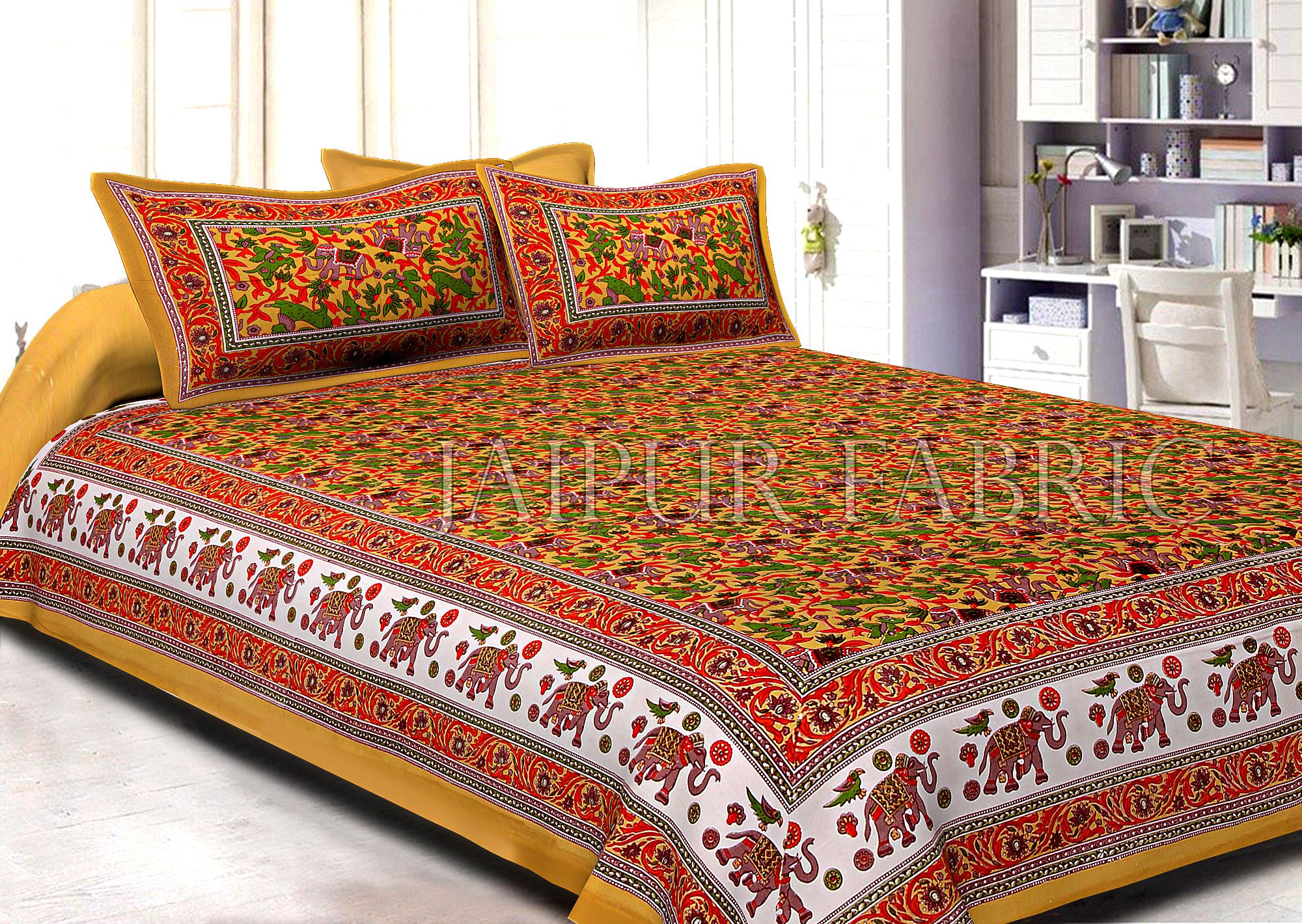Brown Base jaipur Handmade animal print bedsheet With pillow Covers