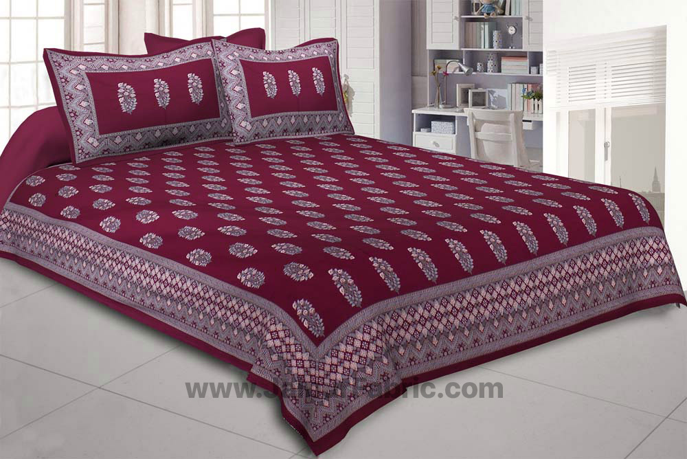 Maroon Royal Rajwada Hand Block Print Double Bedsheet with Discharge Printing