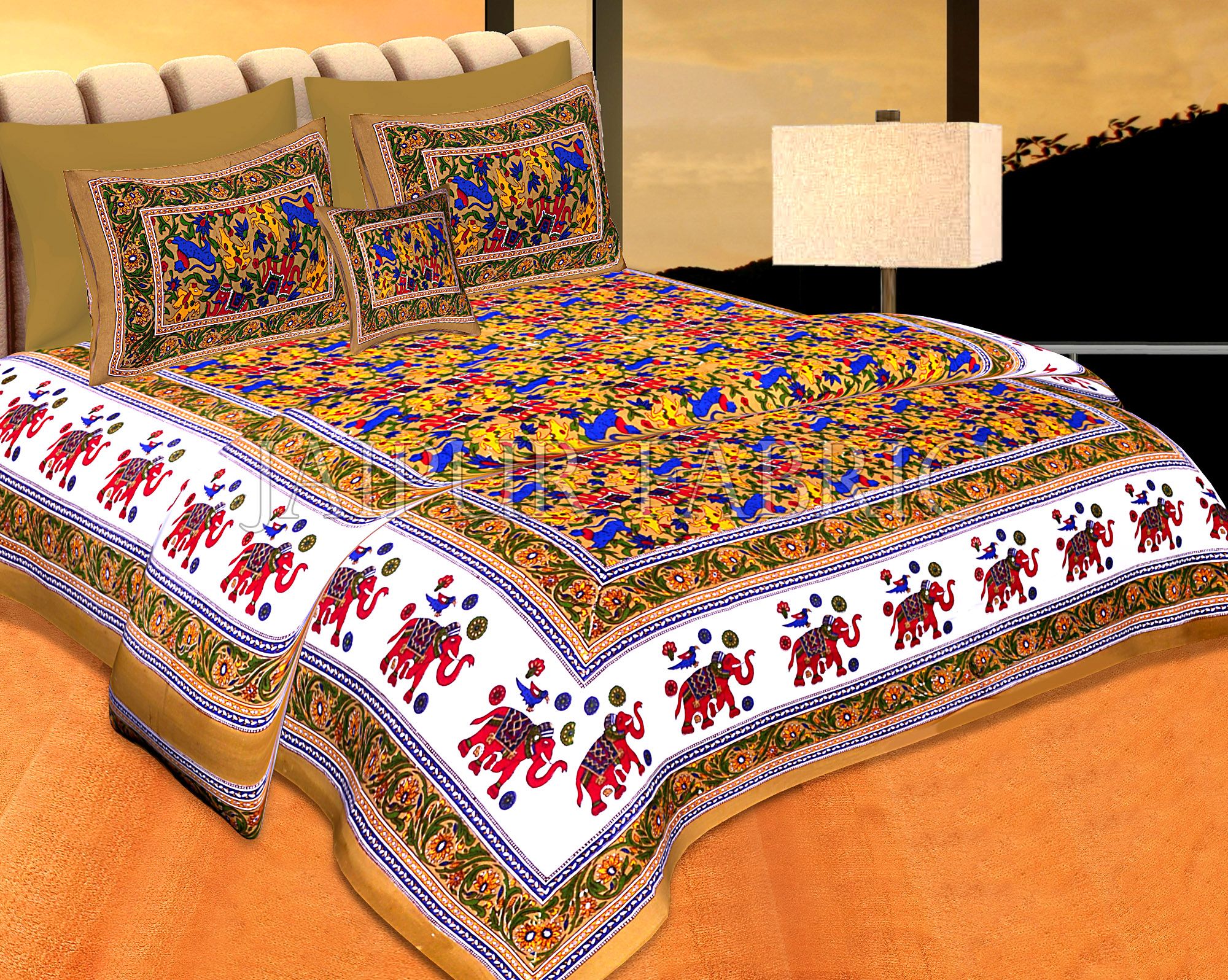 Brown Base Jaipur Handmade Animal Print Bedsheet With Pillow Covers