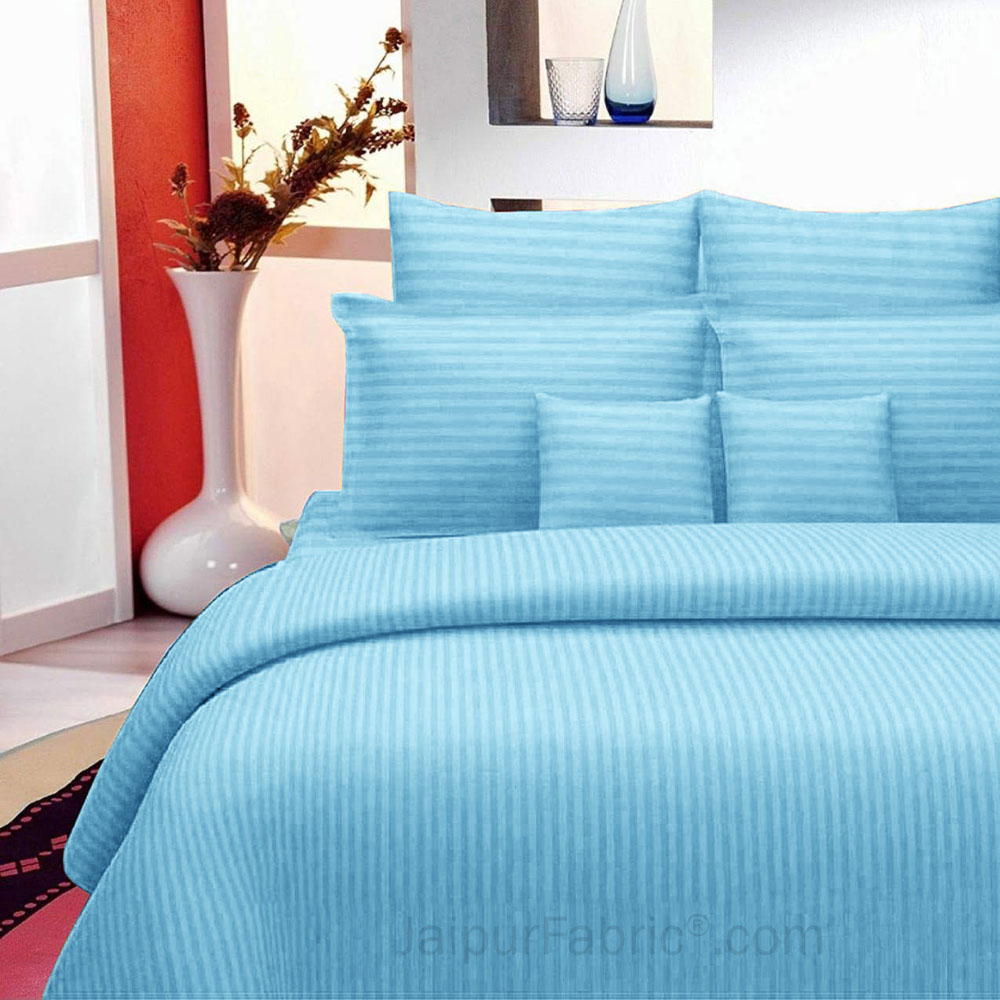 Light Blue Self Design 300 TC King Size Pure Cotton Satin Slumber Sheet for Double Bed with 2 pillow covers
