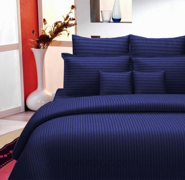 Navy Blue Self Design 300 TC King Size Pure Cotton Satin Slumber Sheet for Double Bed with 2 pillow covers