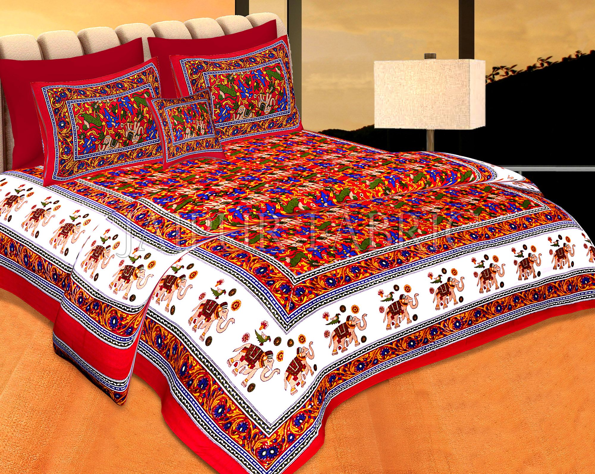Red Base jaipur Handmade animal print bedsheet With pillow Covers