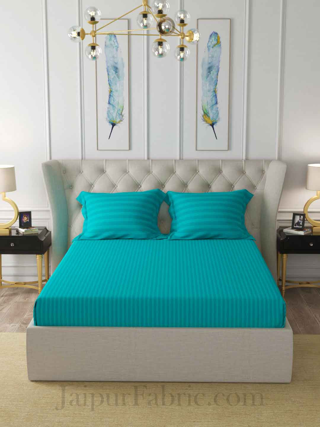Aqua Turquoise Self Design 300 TC King Size Pure Cotton Satin Slumber Sheet for Double Bed with 2 pillow covers