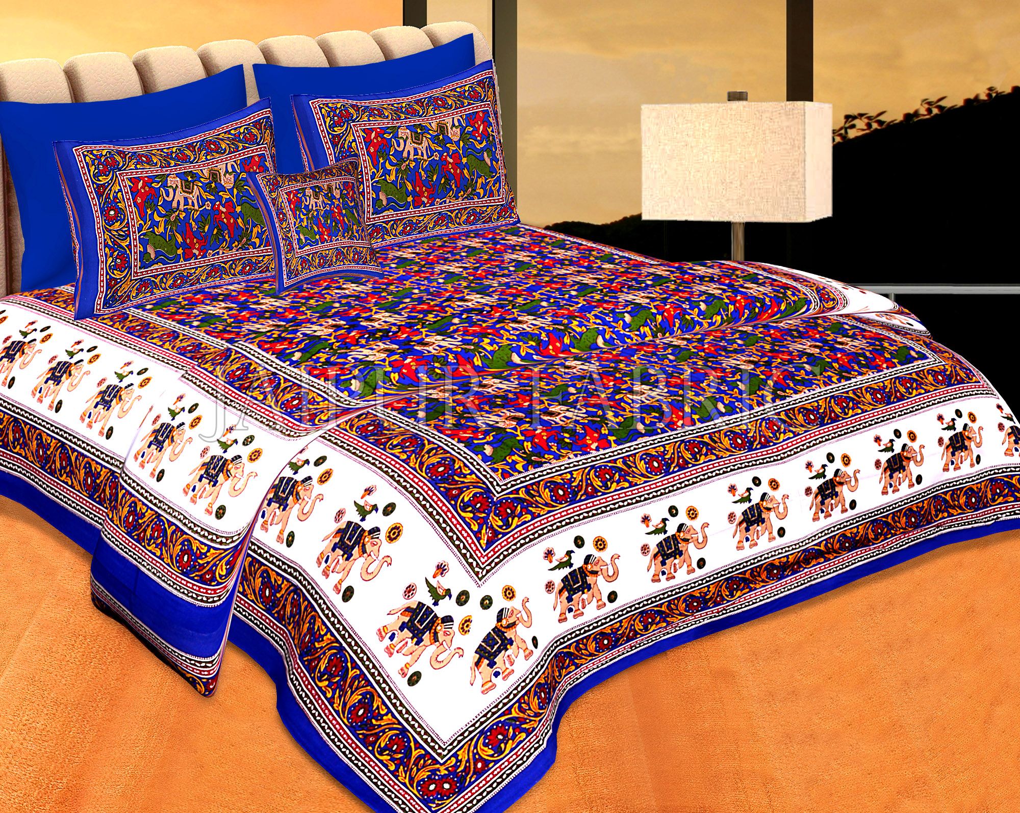 Blue Base jaipur Handmade animal print bedsheet With pillow Covers