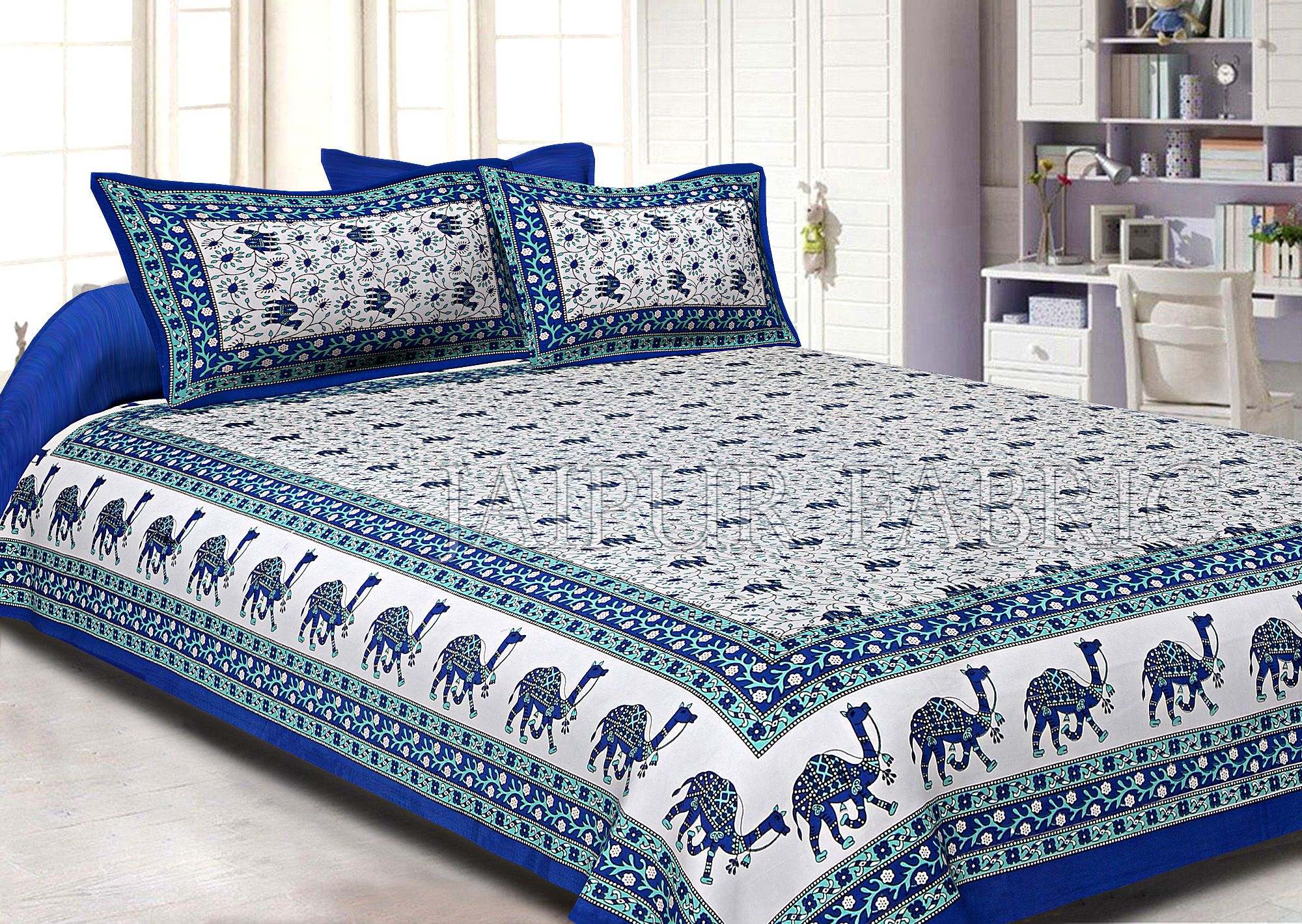 Blue Border Camel Pattern Screen Print Cotton Double Bed Sheet