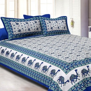 Blue Border Camel Pattern Screen Print Cotton Double Bed Sheet