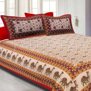 Maroon Border Camel Pattern Screen Print Cotton Double Bed Sheet