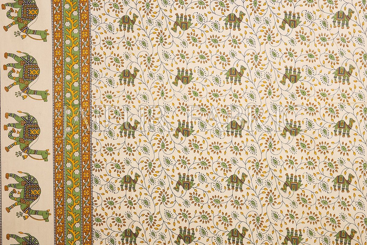Yellow Border Camel Pattern Screen Print Cotton Double Bed Sheet