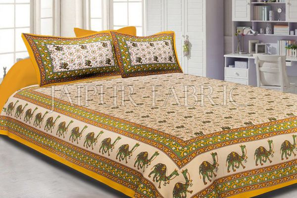 Yellow Border Camel Pattern Screen Print Cotton Double Bed Sheet