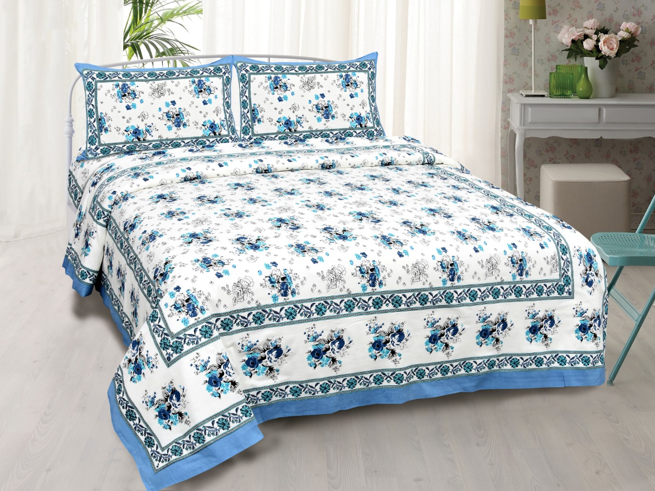 Blue Bunch of Flowers Double Bedsheet