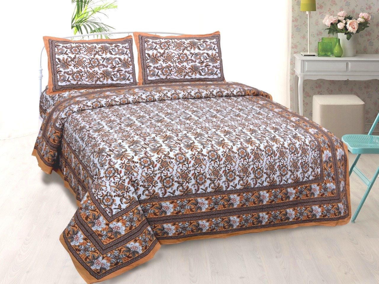 Vibrant Brown Wavy Flora Double Bedsheet