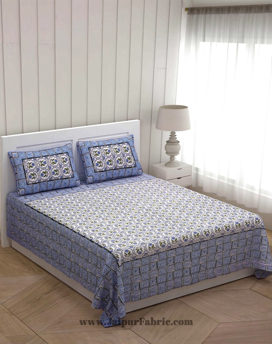 Blue Stylish Square Waves Double Bedsheet