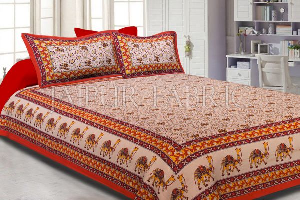 Orange Border Camel Pattern Screen Print Cotton Double Bed Sheet
