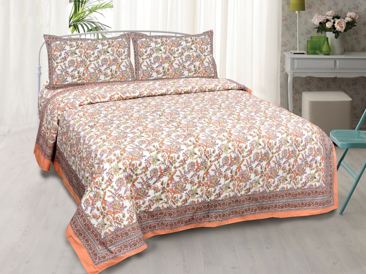 COMBO367 Beautiful Peach Ethnic Combo Set of 1 Single and 1 Double Bedsheet With 3 Pillow Cover