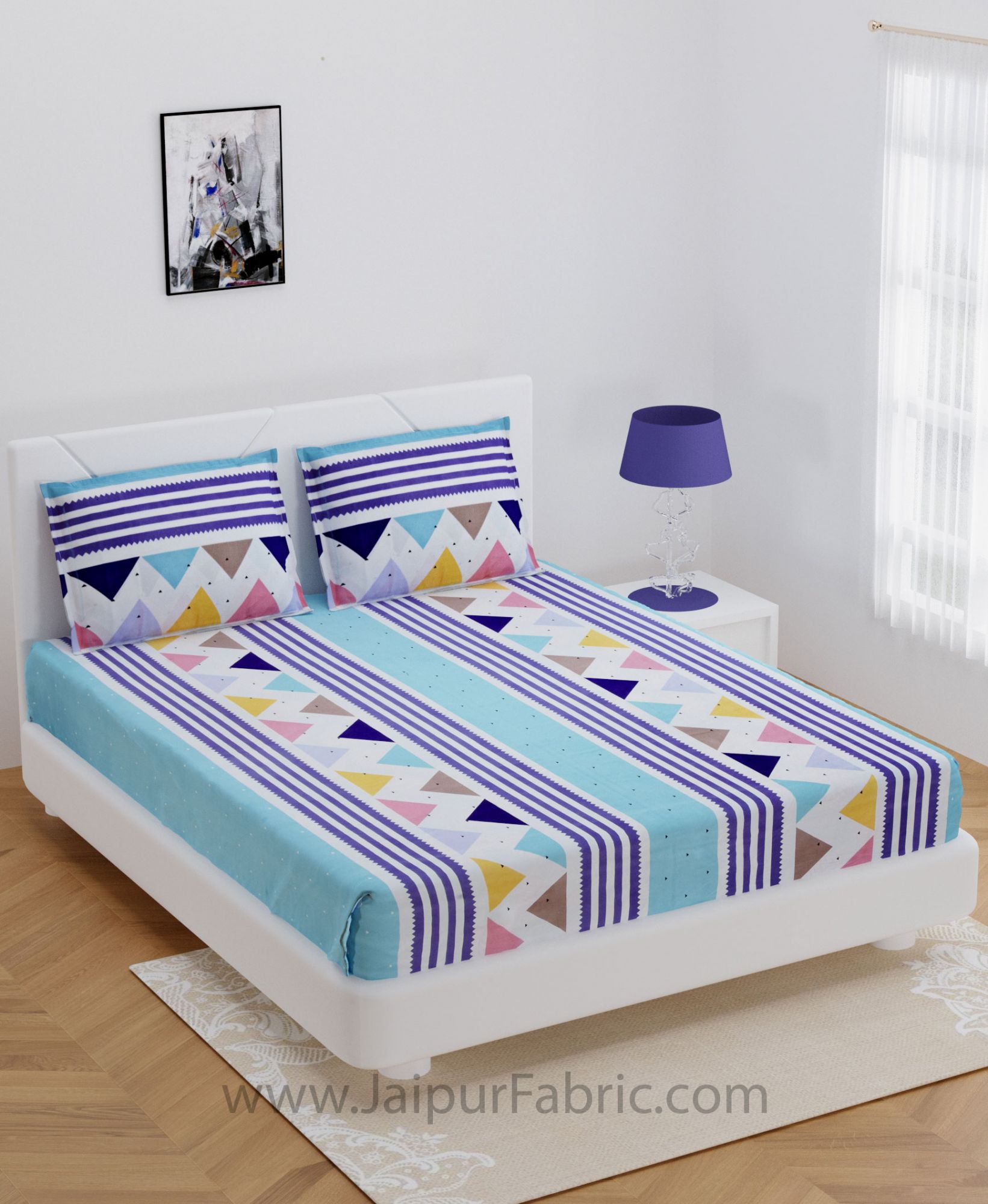 Colorful Triangles Blue Double Bedsheet