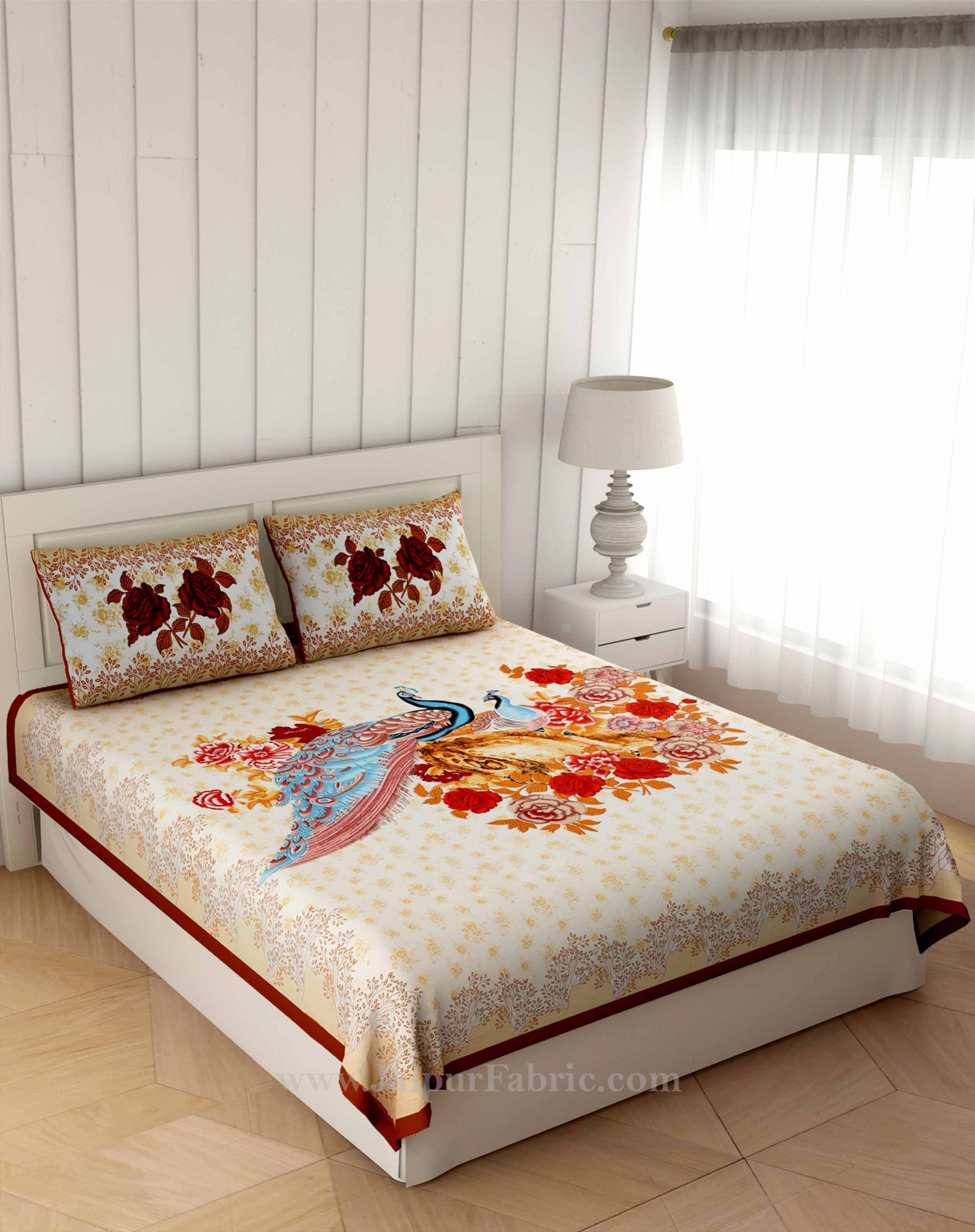 COMBO350 Peacock Garden 2 Double Bed Sheet + 4 Pillow Cover