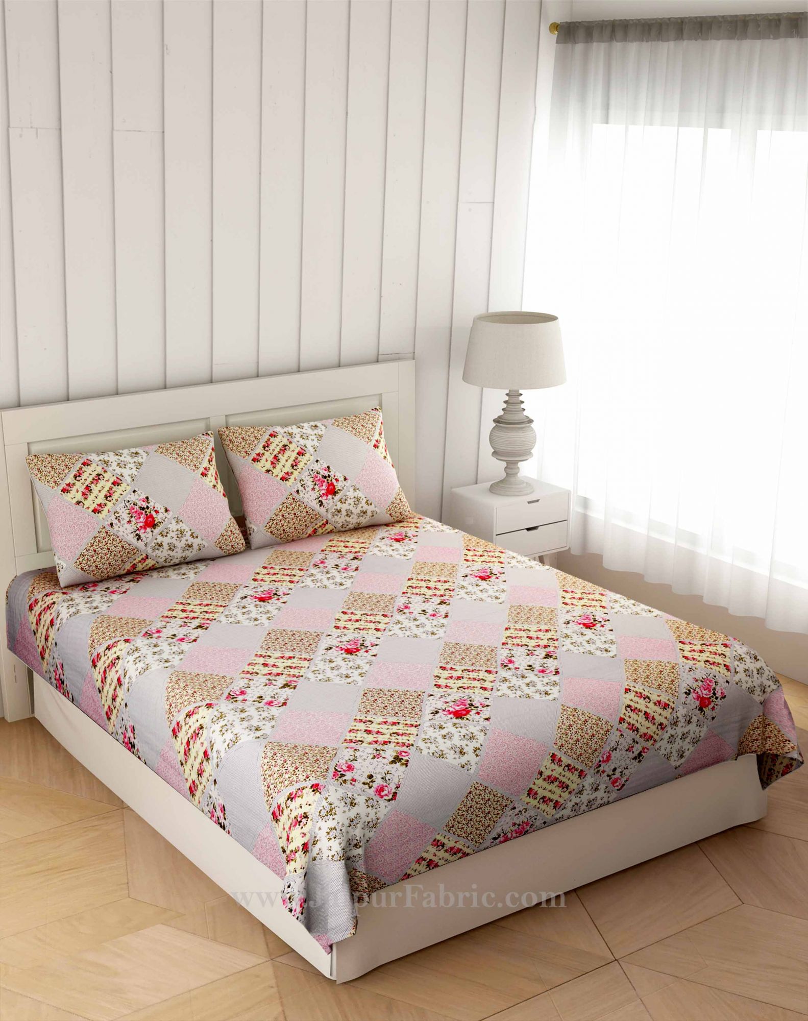 Ethnic precision Pink Grey Double Bedsheet