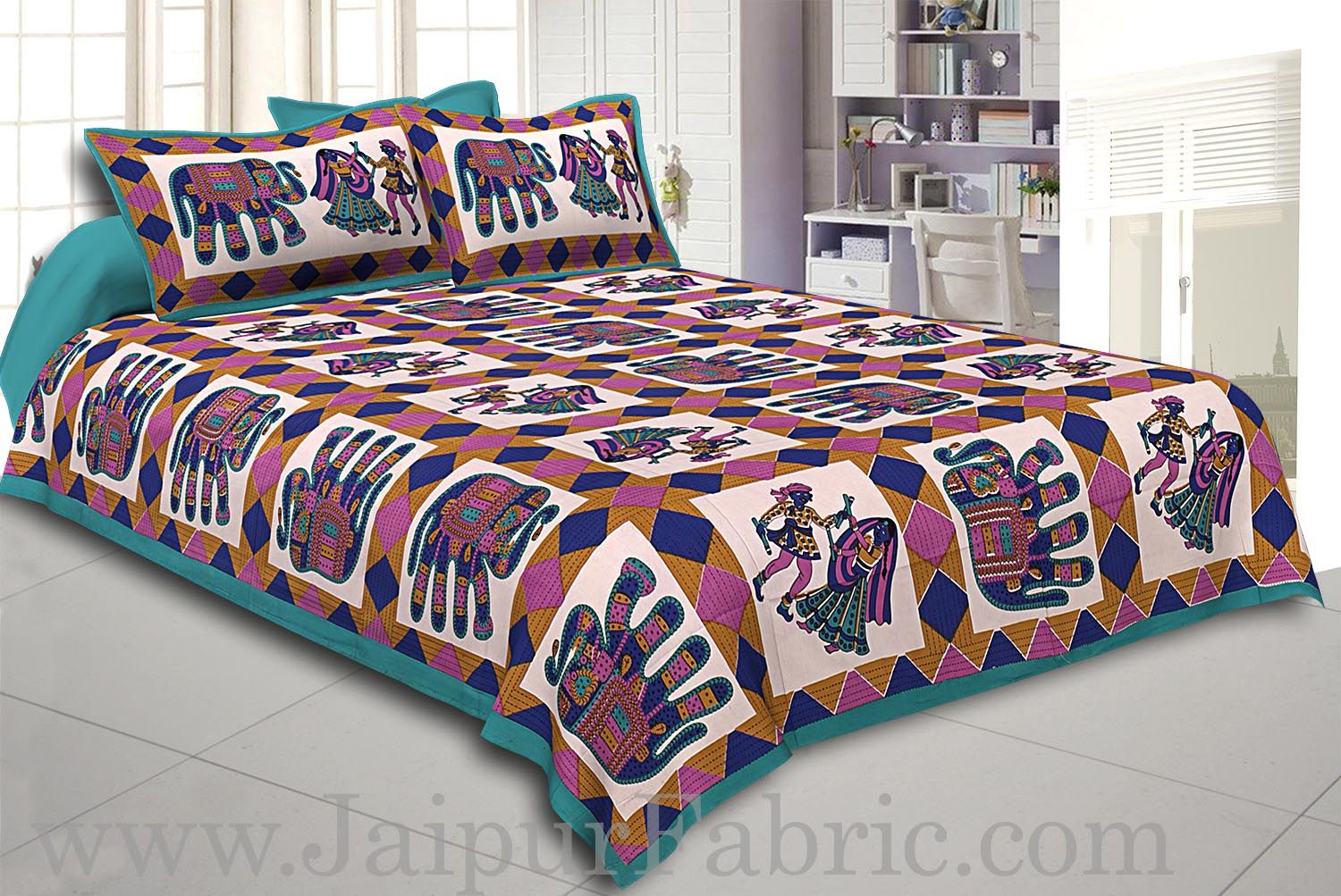 Firozi Border Elephant and Rhombus Pattern Screen Print Cotton Double Bed Sheet