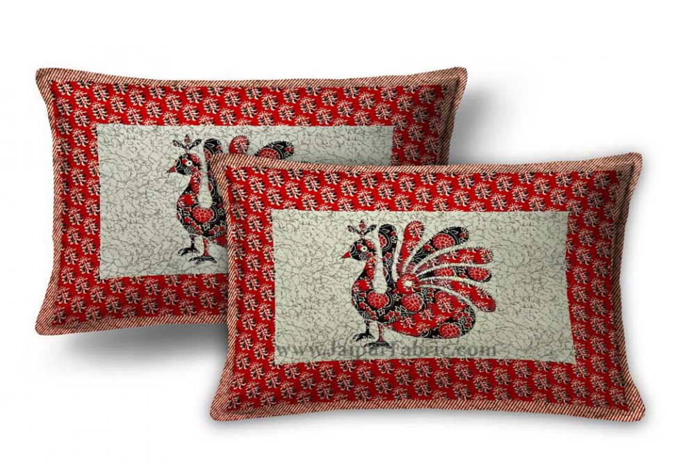 Red Ajrak Print Peacock Double Bedsheet