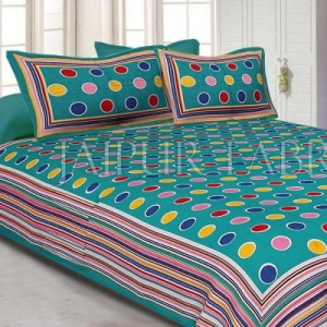 Sea Green Base Multi Color Polka Dot Pattern Screen Print Cotton Double Bed Sheet