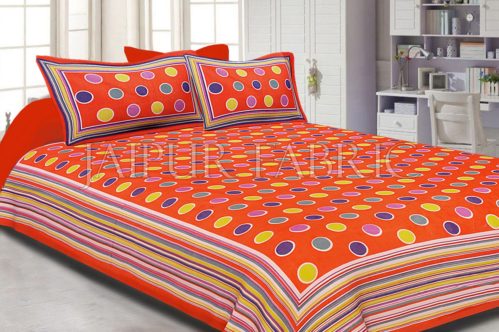 Orange Base Multi Color Polka Dot Pattern Screen Print Cotton Double Bed Sheet