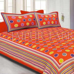 Orange Base Multi Color Polka Dot Pattern Screen Print Cotton Double Bed Sheet