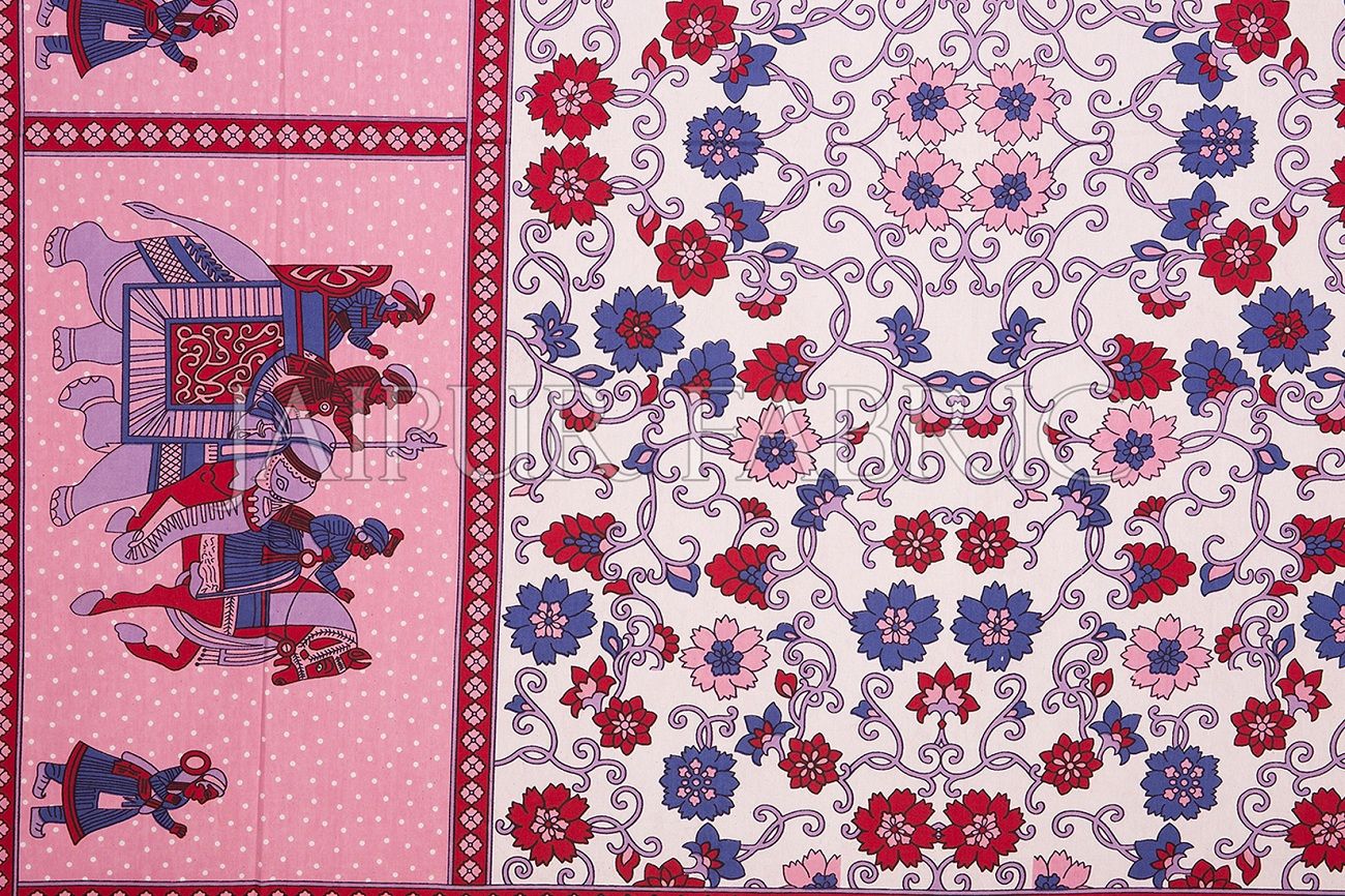 Pink Border White Base Barat Pattern Screen Print Cotton Double Bed Sheet