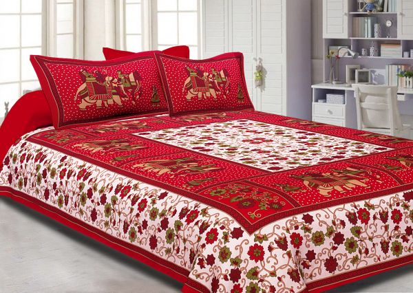 Red border with barat pattern double bed sheet