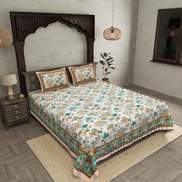 Home Decor Green Floral Pure Cotton Double Bedsheet