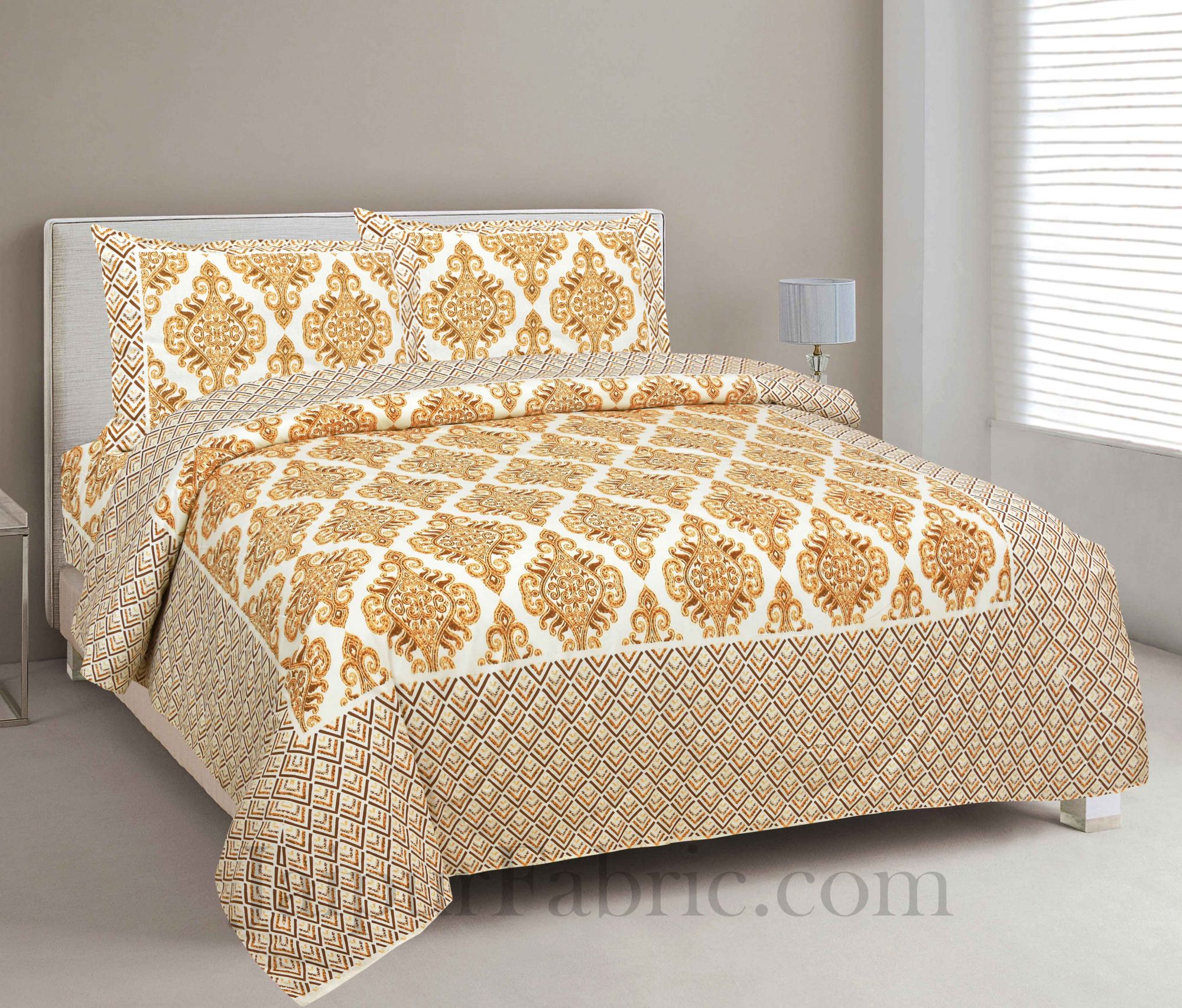 Pure Cotton Golden Color Zigzag Border Jaipuri Double Bedsheet