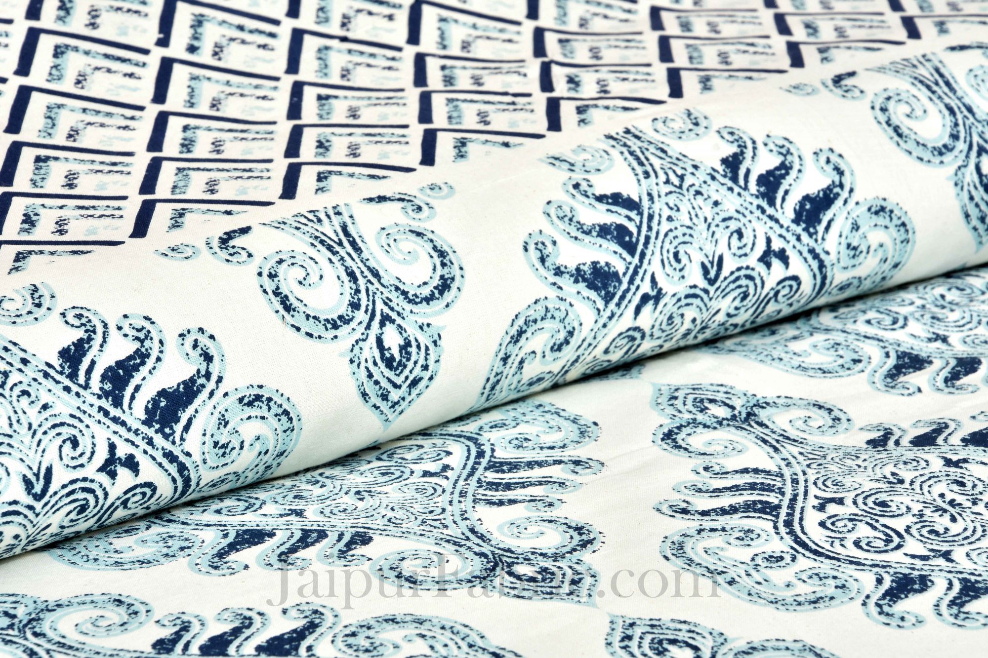 Pure Cotton Light Blue Color Zigzag Border Jaipuri Double Bedsheet
