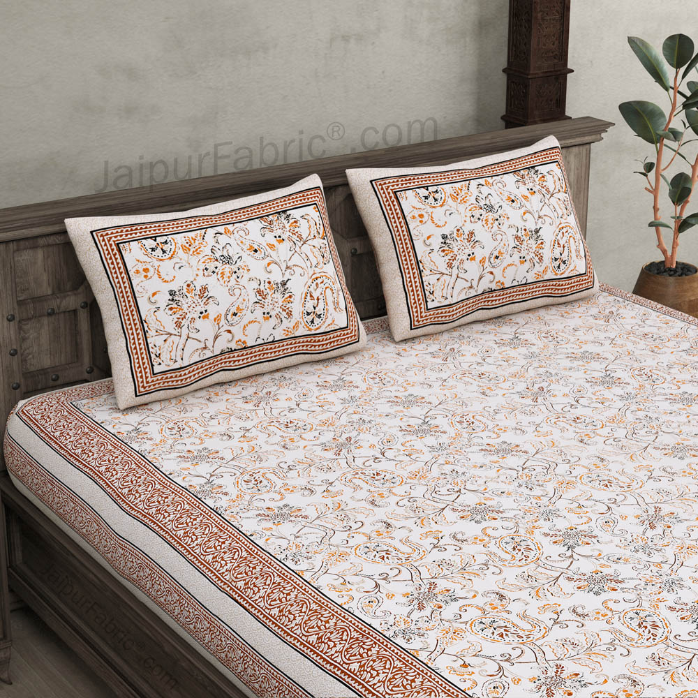 Pure Cotton Paisley Floral Ethnic Brown Border Jaipuri Double Bedsheet