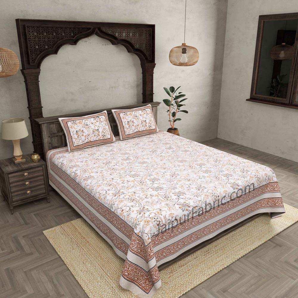 Pure Cotton Paisley Floral Ethnic Brown Border Jaipuri Double Bedsheet