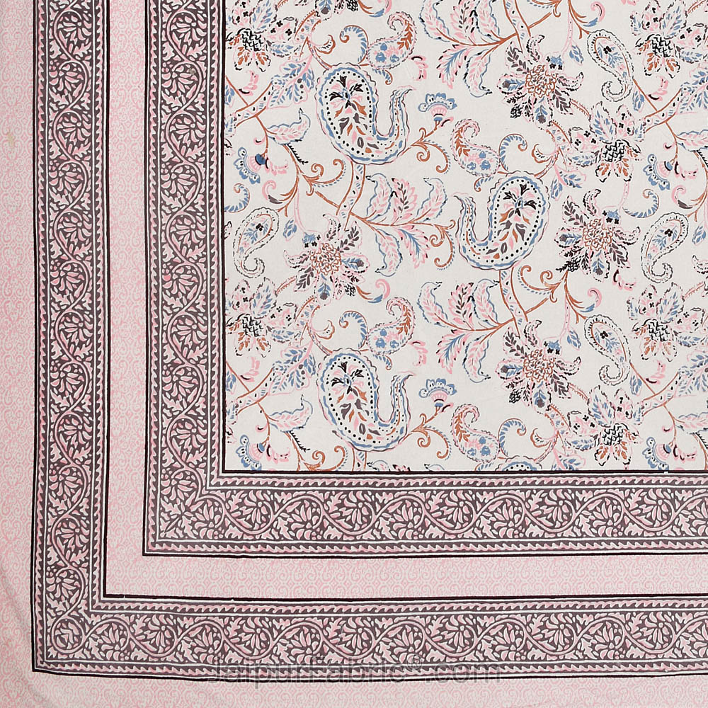 Pure Cotton Paisley Floral Ethnic Peach Border Jaipuri Double Bedsheet