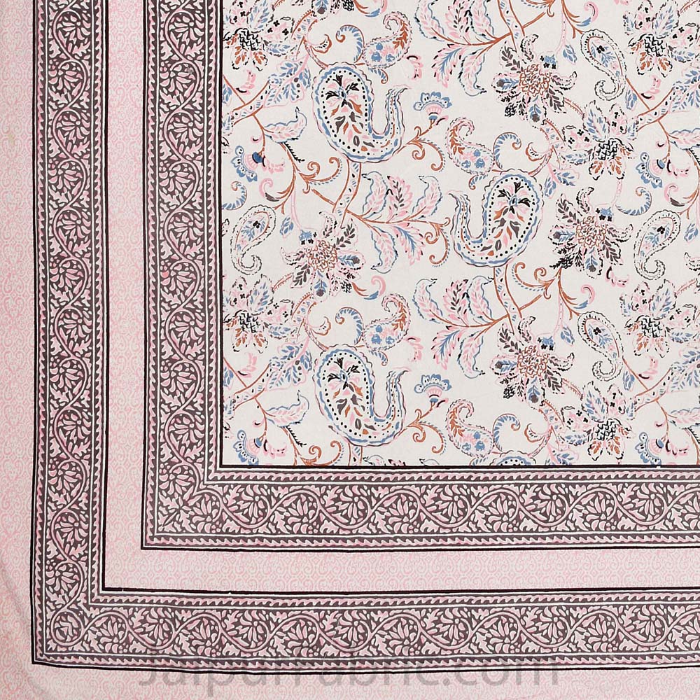 Pure Cotton Paisley Floral Ethnic Peach Border Jaipuri Double Bedsheet