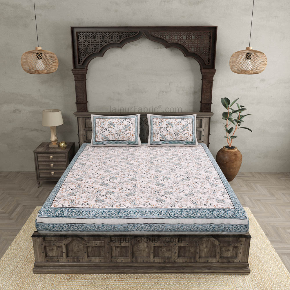 Pure Cotton Paisley Floral Ethnic Grey Border Jaipuri Double Bedsheet