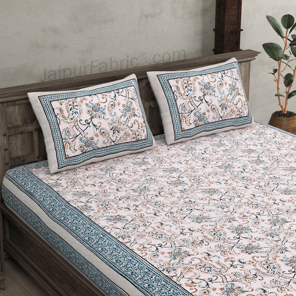 Pure Cotton Paisley Floral Ethnic Grey Border Jaipuri Double Bedsheet