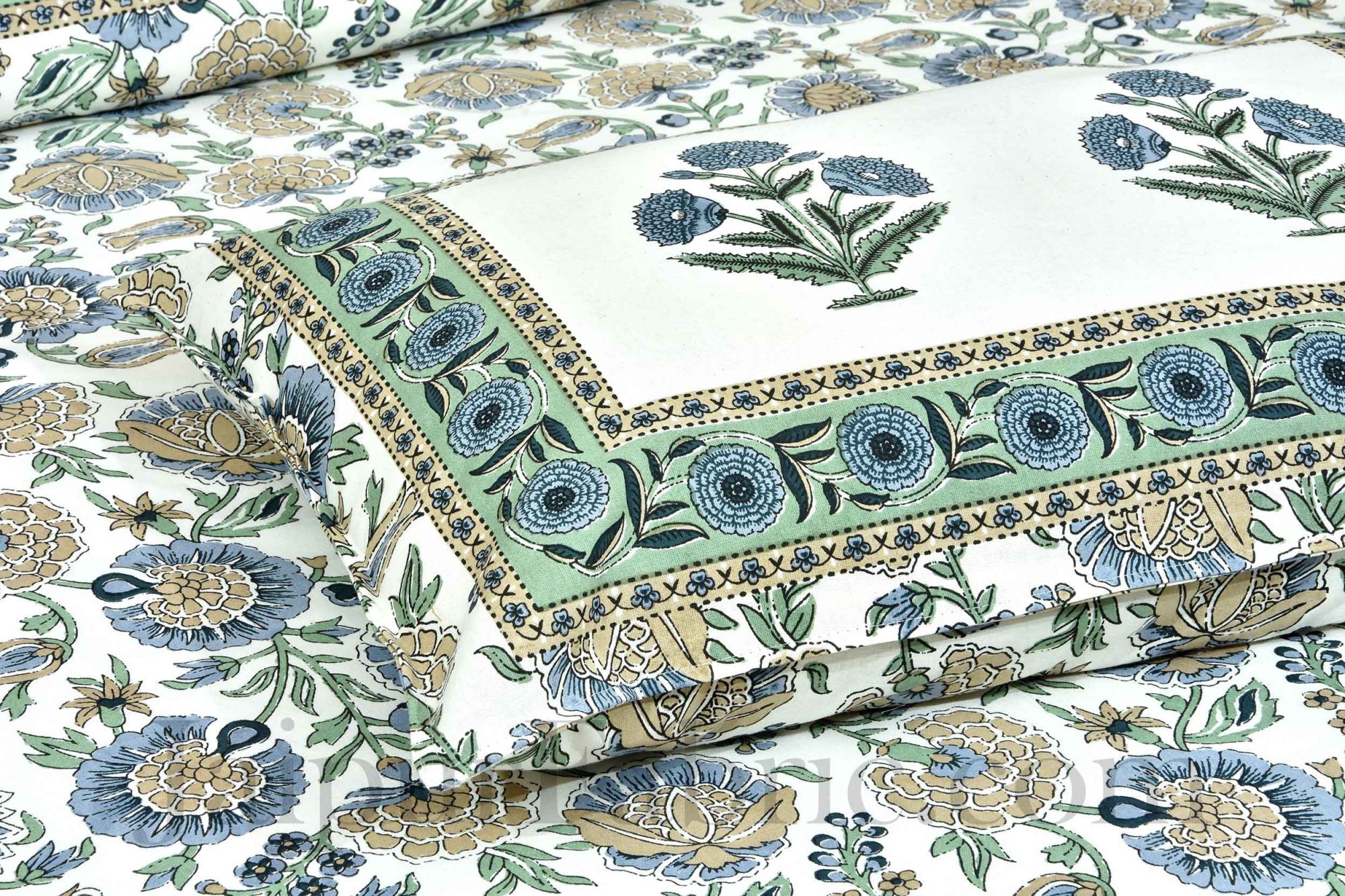 Pure Cotton Green Color Floral Ethnic Jaipuri Double Bedsheet