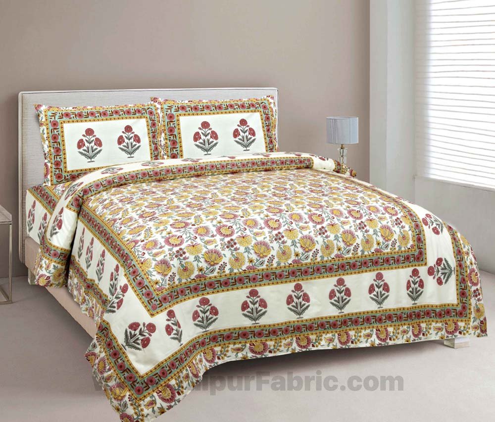 Pure Cotton Brown Color Floral Ethnic Jaipuri Double Bedsheet