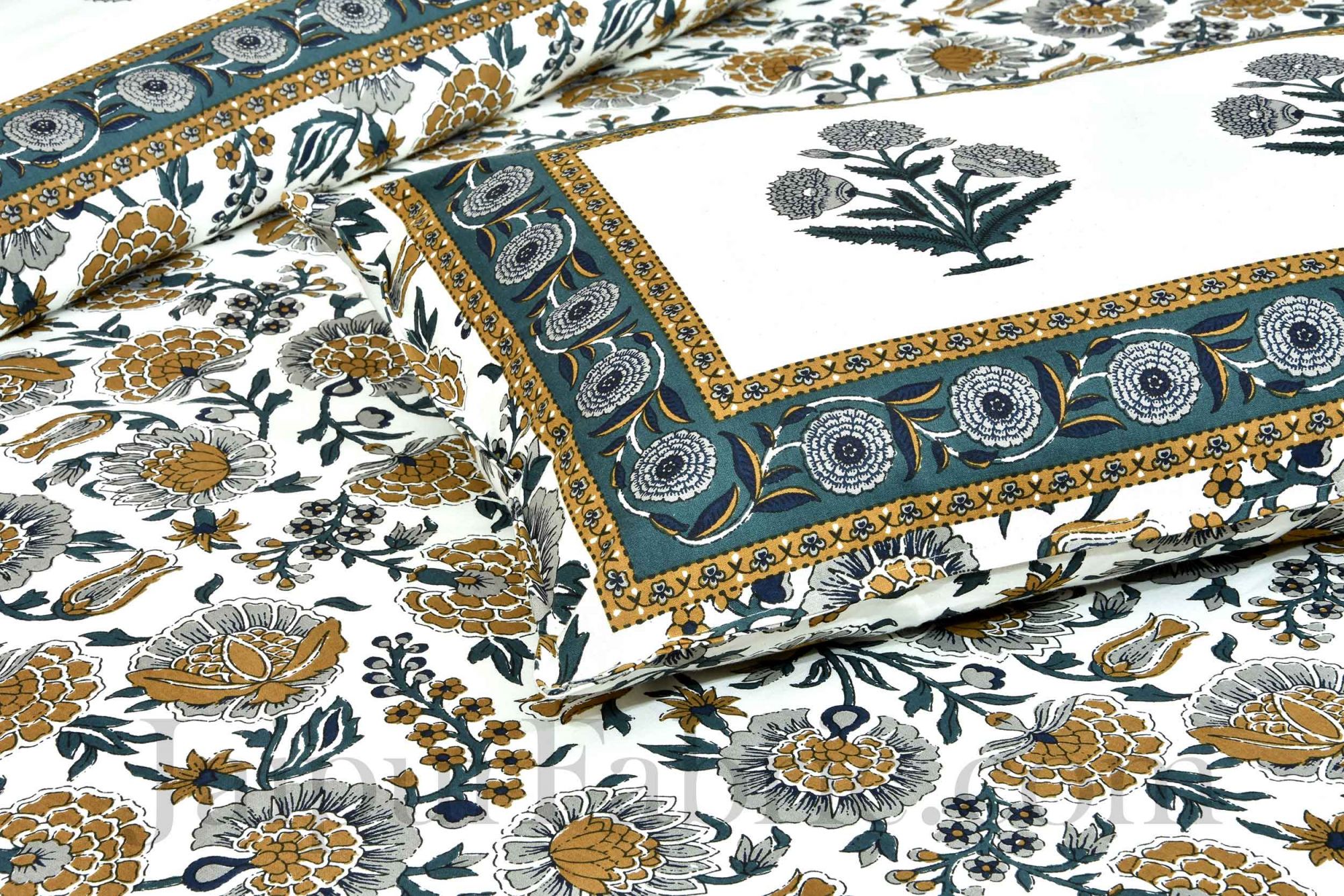 Pure Cotton Grey Color Floral Ethnic Jaipuri Double Bedsheet