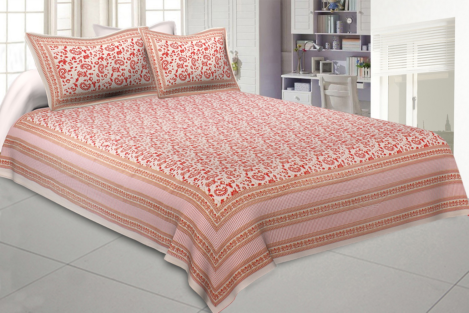 Ethnic Gold Pink Floral Double Bedsheet