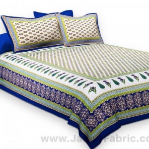 Blue Green Gold Print Double Bedsheet